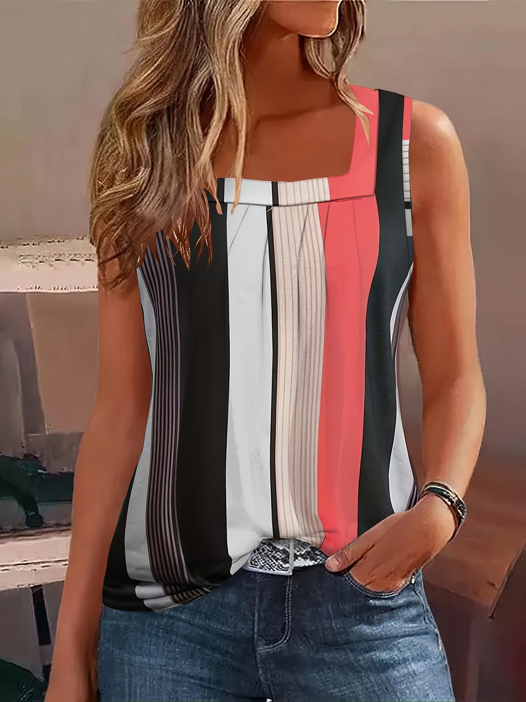 Color Block Tank Top, Casual Square Neck Tank Top For Summer, Women's Clothing-Bennys Beauty World