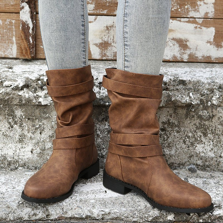 Mid Calf Ruched Buckle Solid Color Retro Ankle Boots For Women Cowboy Boots - Bennys Beauty World