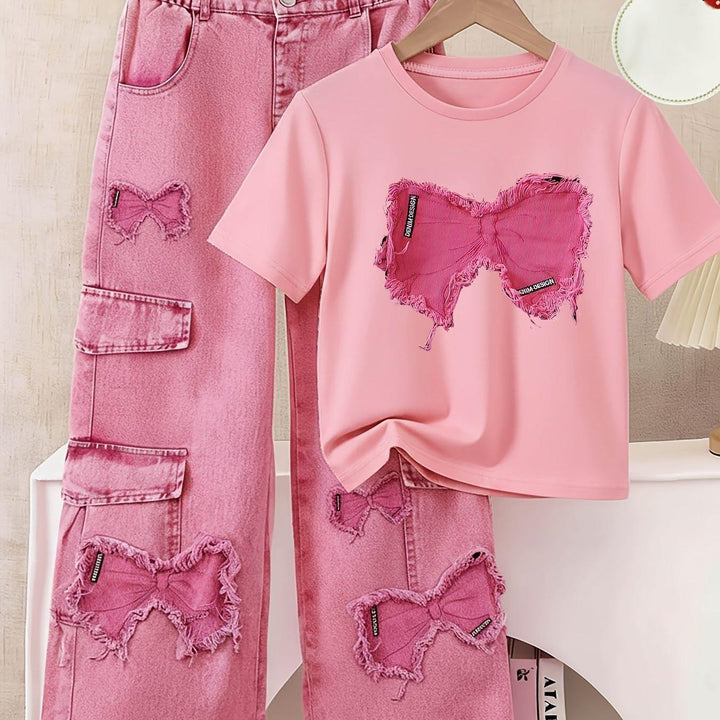 Girls' Casual Print T-Shirt with Faux Denim Butterfly Print