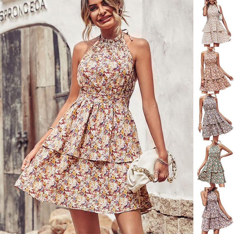 Summer Printed Halter Dress Fashion Boho Backless Dress-dress-Bennys Beauty World