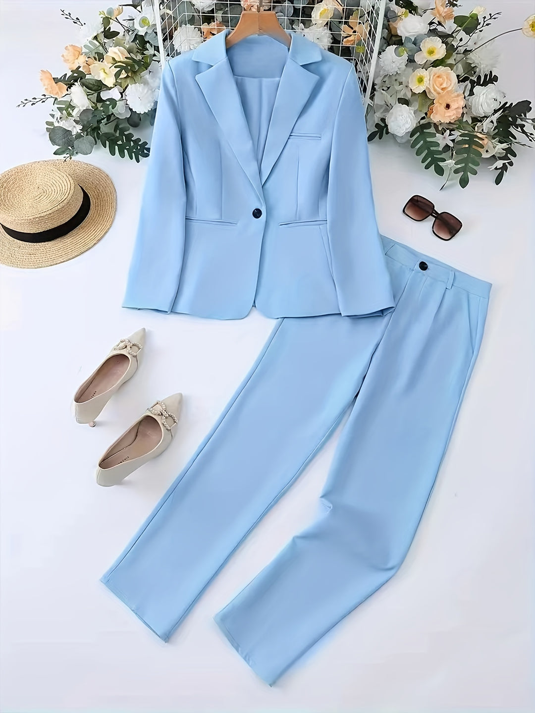 Chic Solid Color Sophisticated Suit Ensemble with Blazer and Straight Leg Trousers for Women-Bennys Beauty World