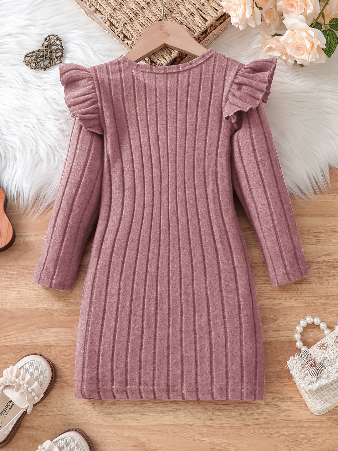 Girls Elegant Dresses, Long Ruffle Sleeve Bow Decor Ribbed Dress For Spring & Fall, Perfect For Dinner Party, As Gifts-Bennys Beauty World