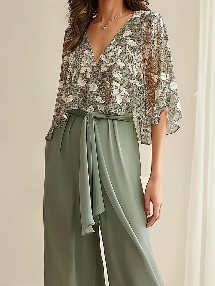 Floral Print Chic Pantsuit Ensemble, Three-Quarter Sleeve V-Neck Top & Belted Wide-Leg Trousers for Women-Bennys Beauty World