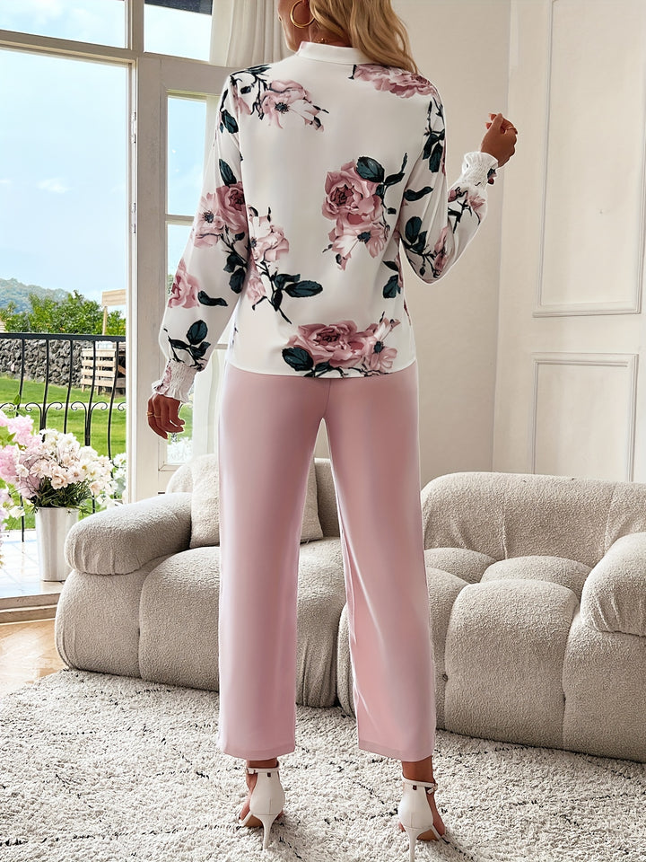 Elegant Floral Notched Collar Long Sleeve Polyester Pantsuit with Tie Waist and Frill Detail - Spring/Fall Woven Fabric Regular Fit Two-Piece Set-Bennys Beauty World