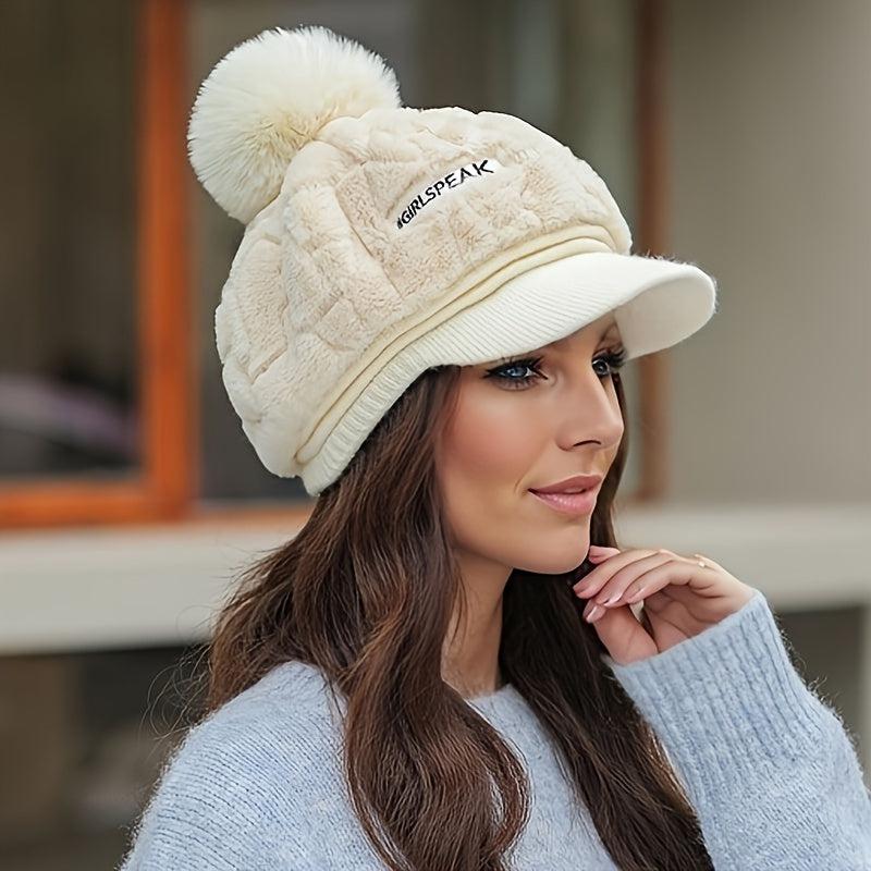 Chic Thick Furry Beanie with Brim - Elegant Coldproof Knit Hat for Women-beenie-Bennys Beauty World