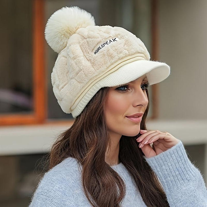 Chic Thick Furry Beanie with Brim - Elegant Coldproof Knit Hat for Women-beenie-Bennys Beauty World