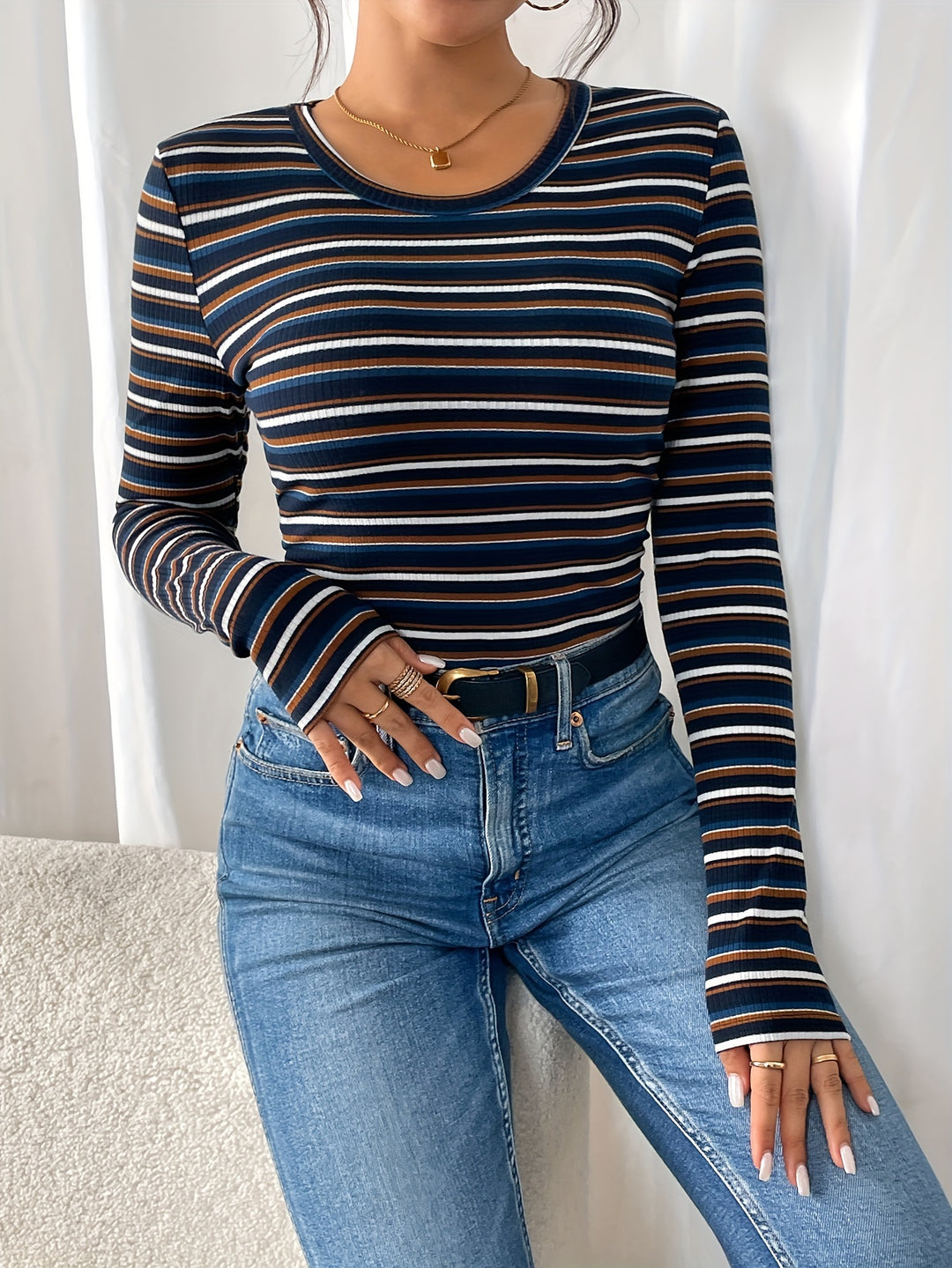 Women's Striped Print Crew Neck T-Shirt