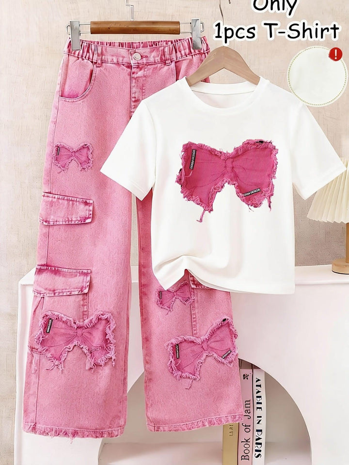 Girls' Casual Print T-Shirt with Faux Denim Butterfly Print