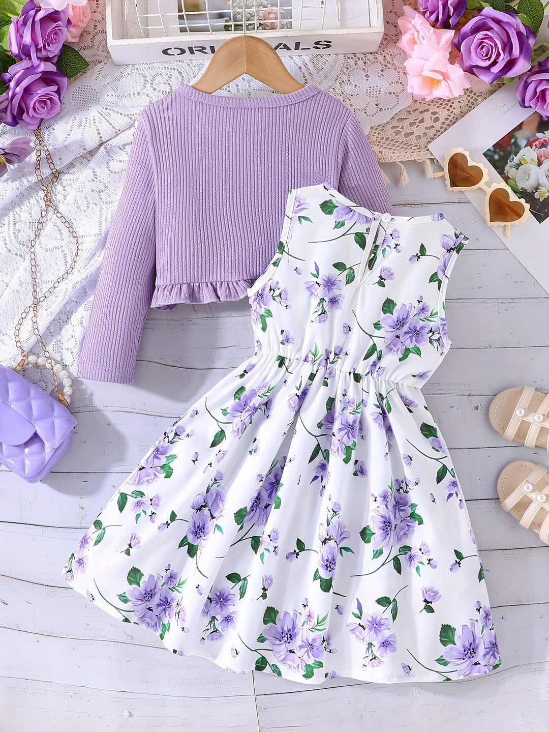 1 set 2pcs Elegant Floral Sleeveless Dress & Long Sleeve Cardigan Set for Girls, Spring/Fall Fashion & Comfort-Bennys Beauty World