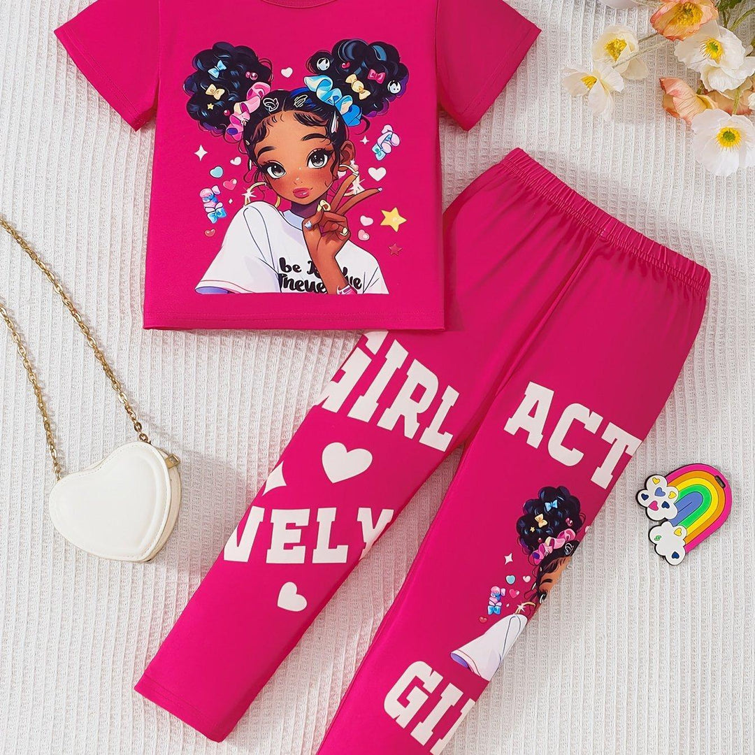 Girls Two - Piece Set with Cartoon Girl Pattern Top + Pants - Bennys Beauty World