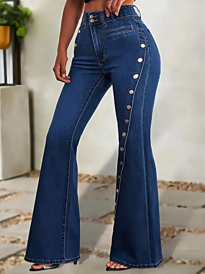 Flared Stretchy Blue Denim Pants For Women-pants-Bennys Beauty World