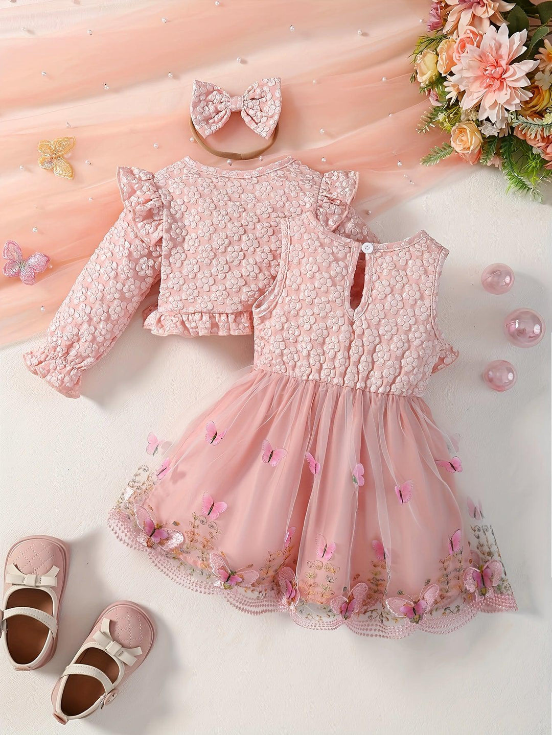 2pcs Baby's Elegant Butterfly Embroidery Mesh Splicing Dress + Ruffled Flower Jacquard Cardigan + Headwear, Toddler & Infant Girl's Clothing Set For Spring Fall-Bennys Beauty World