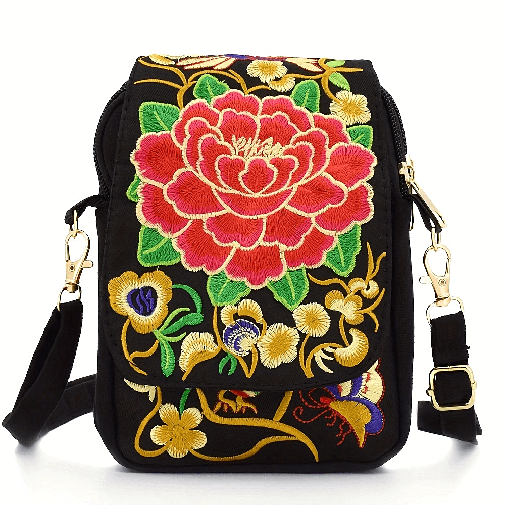 Women's Embroidered Mini Shoulder Bag with Detachable Strap