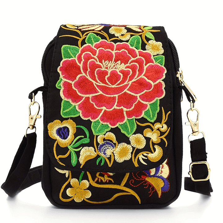 Women's Embroidered Mini Shoulder Bag with Detachable Strap