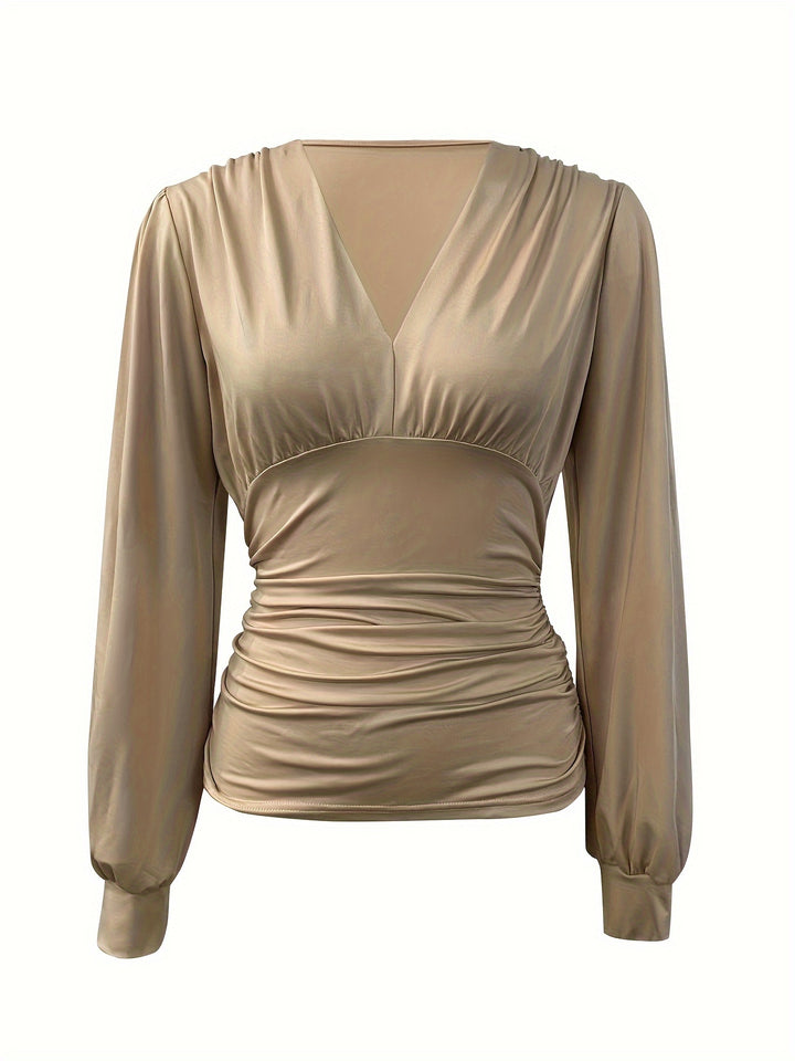 Solid Ruched V Neck Blouse For Women-Bennys Beauty World