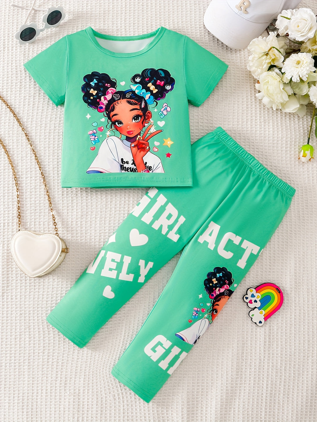 Girls Two - Piece Set with Cartoon Girl Pattern Top + Pants - Bennys Beauty World