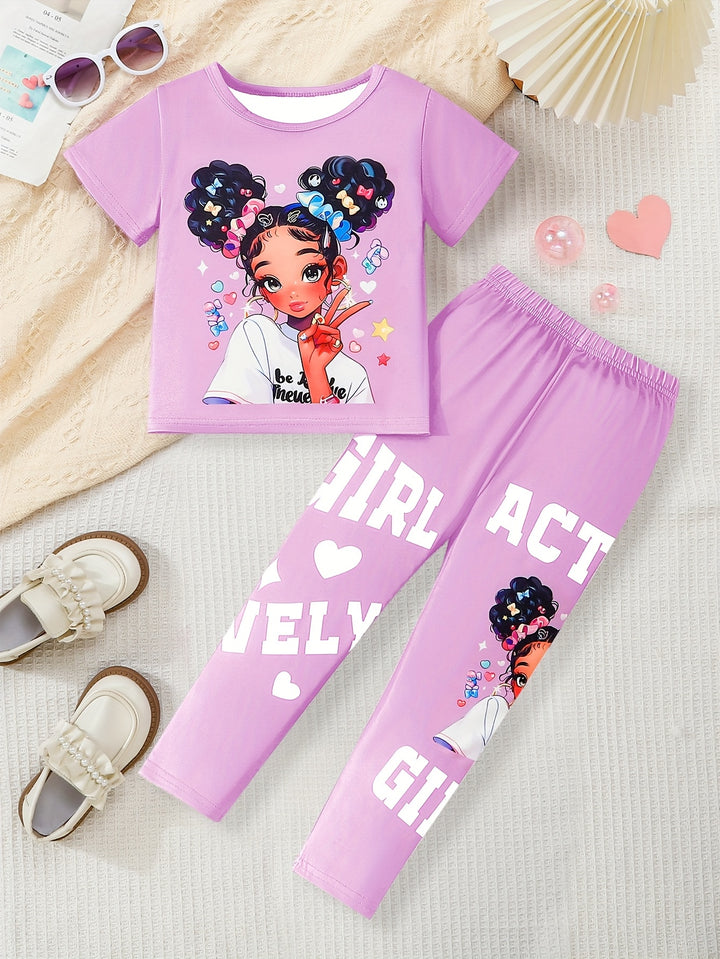 Girls Two - Piece Set with Cartoon Girl Pattern Top + Pants - Bennys Beauty World