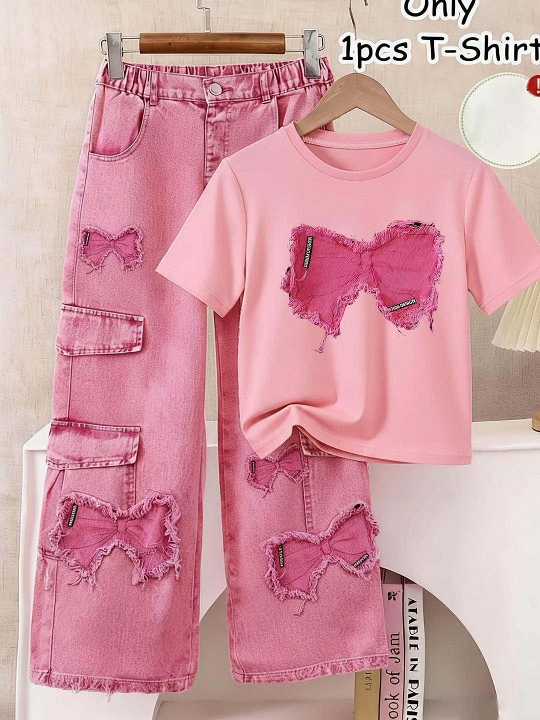 Girls' Casual Print T-Shirt with Faux Denim Butterfly Print