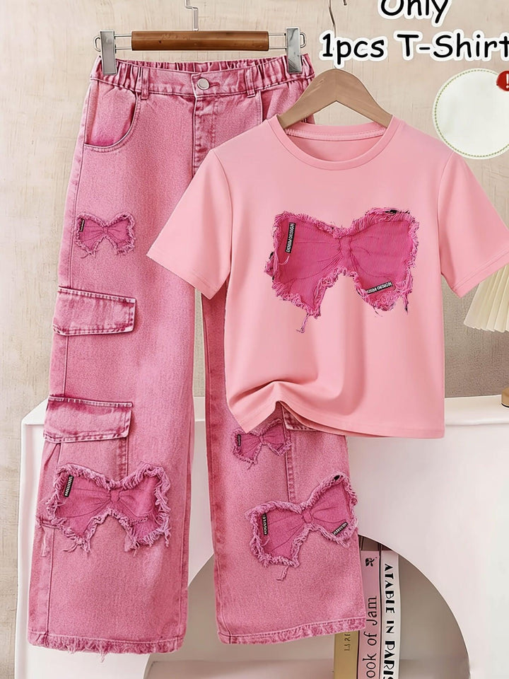 Girls' Casual Print T-Shirt with Faux Denim Butterfly Print