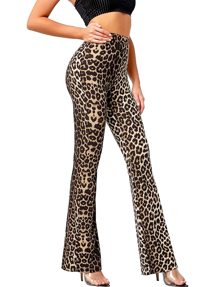 Leopard Print Flare Leg Pants, Elegant High Waist Forbidden Pants For Spring & Summer, Women's Clothing-Bennys Beauty World