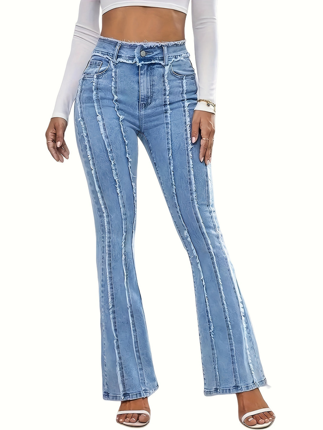 Women's Flared High-Waisted Relaxed Fit Jeans - Cotton Blend with Stretch, Machine Washable, All-Season Essential-Bennys Beauty World