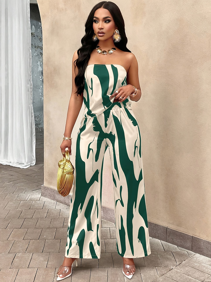 Color Block Stylish Pantsuits, Backless Sleeveless Tube Top & Wide Leg Pants Outfits, Women's Clothing-Bennys Beauty World