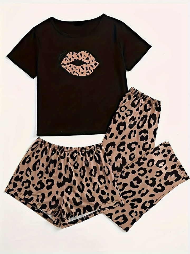 Women's Leopard Lip Print Casual Pajama Set
