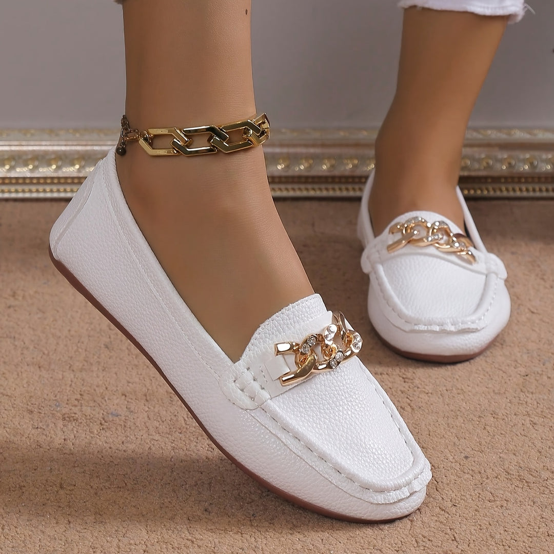 Elegant Women's White Loafers with Golden Chain Detail
