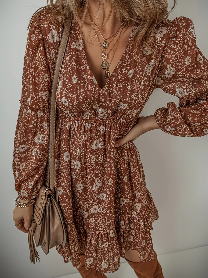 Women's Bohemian Floral Print V-Neck Mini Dress with Puff Sleeves-Dress-Bennys Beauty World
