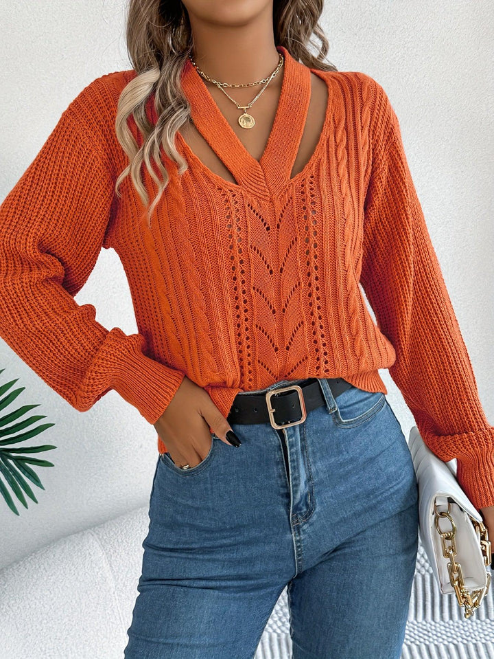 Solid Cut Out V Neck Sweater, Casual Long Sleeve Hollow Out Sweater For Fall & Winter, Women's Clothing-Bennys Beauty World