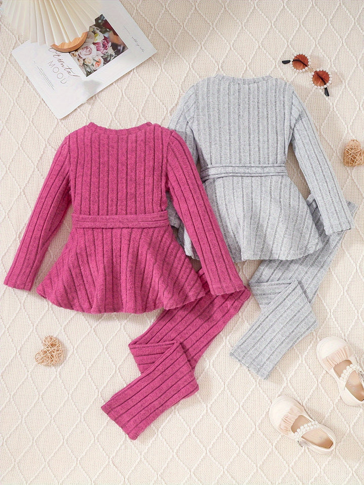 Girl's 2 Sets, Rib-knit Long Sleeve Peplum Tee + Pants 2-Piece Casual Girls Clothes-Bennys Beauty World