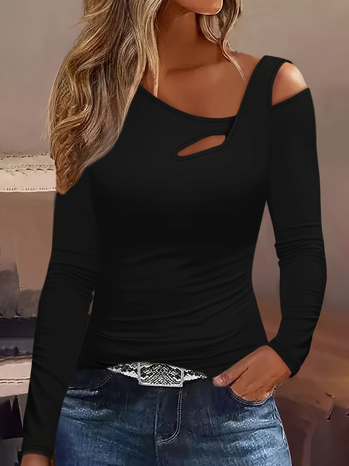 Cold Shoulder Cut Out Asymmetrical T-shirt, Chic Long Sleeve Top For Spring & Fall, Women's Clothing-Bennys Beauty World