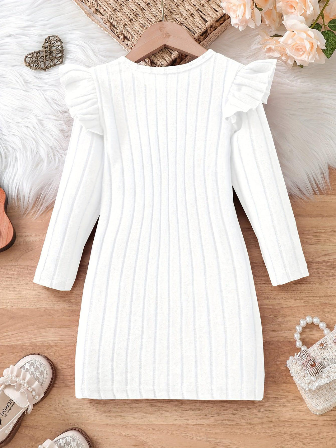 Girls Elegant Dresses, Long Ruffle Sleeve Bow Decor Ribbed Dress For Spring & Fall, Perfect For Dinner Party, As Gifts-Bennys Beauty World