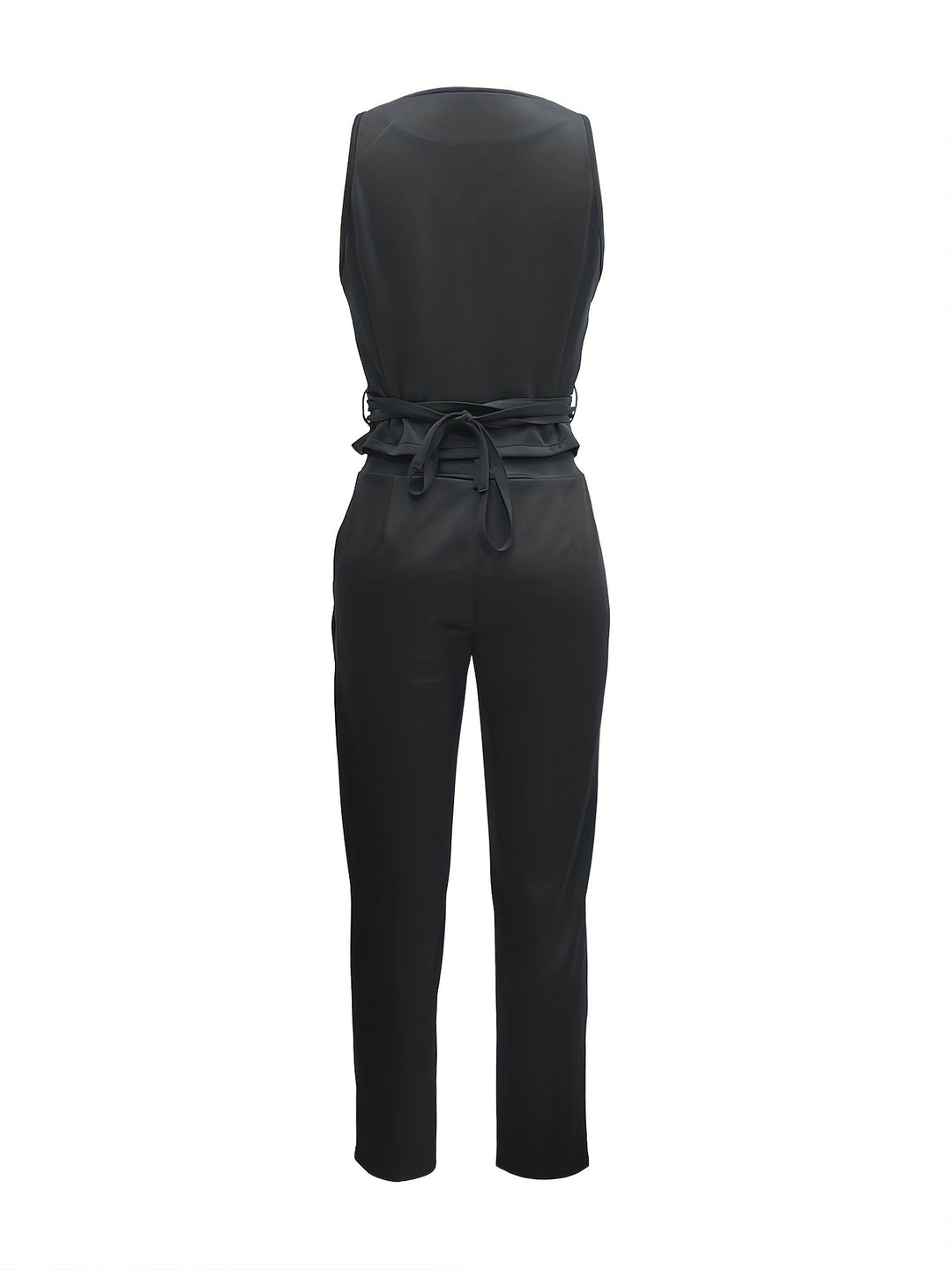 Chic V-Neck Polyester Jumpsuit for Women - Solid Color Spring/Summer Collection with Functional Pockets-Bennys Beauty World