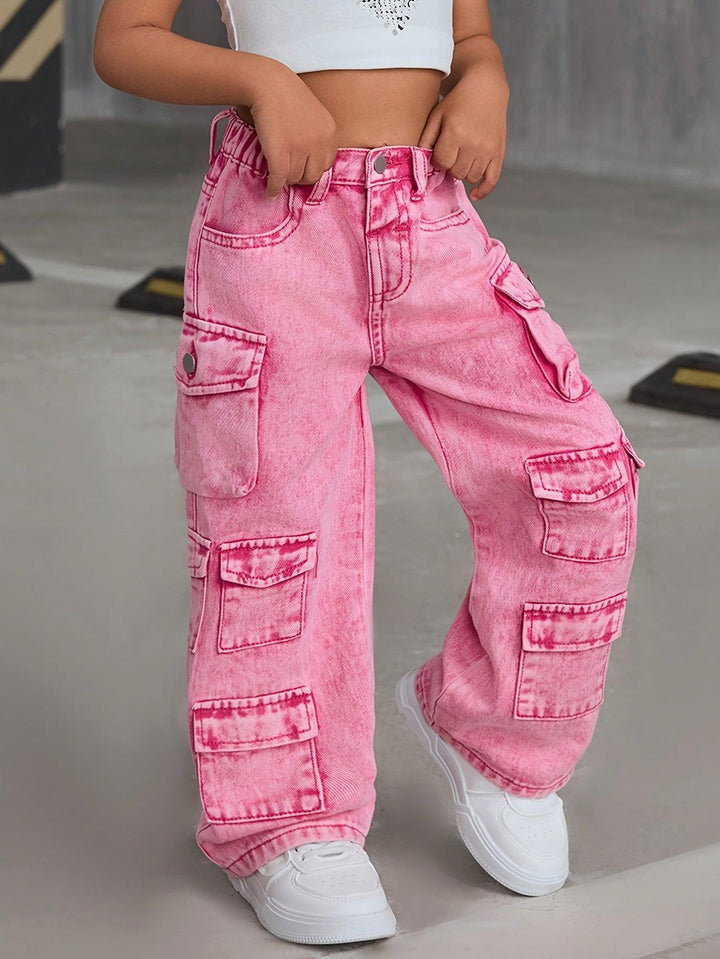Girl Fashion Pink Denim Jeans, Loose Wide-Leg Pants