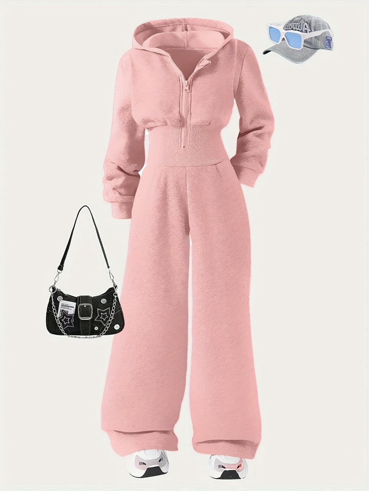 Autumn Girls' Simple Casual Style Knitted Zipper Sweatshirt Hooded Jumpsuit, Perfect for Outdoor