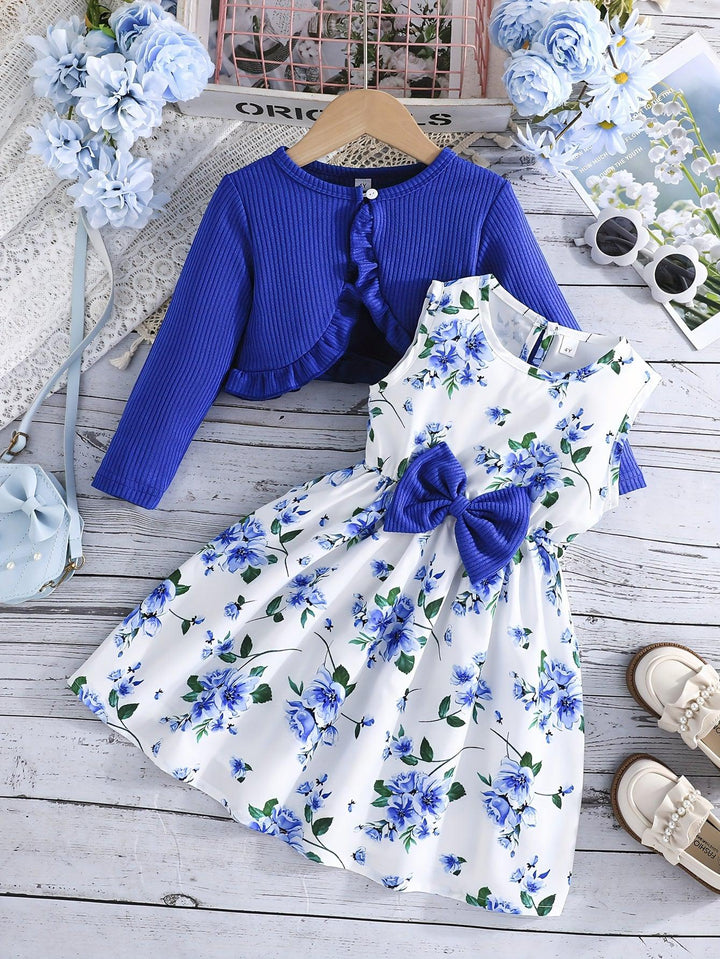 1 set 2pcs Elegant Floral Sleeveless Dress & Long Sleeve Cardigan Set for Girls, Spring/Fall Fashion & Comfort-Bennys Beauty World