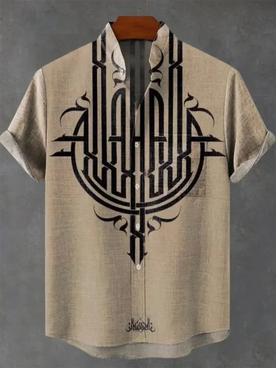 New retro tribal totem pattern printing men's new linen shirt-Shirts-Bennys Beauty World