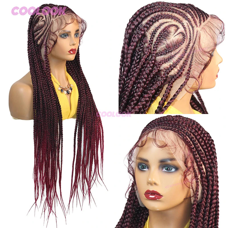 36" Heart Cornrow Braid Wig – Synthetic Full Lace Knotless Box Braid Wig for Women