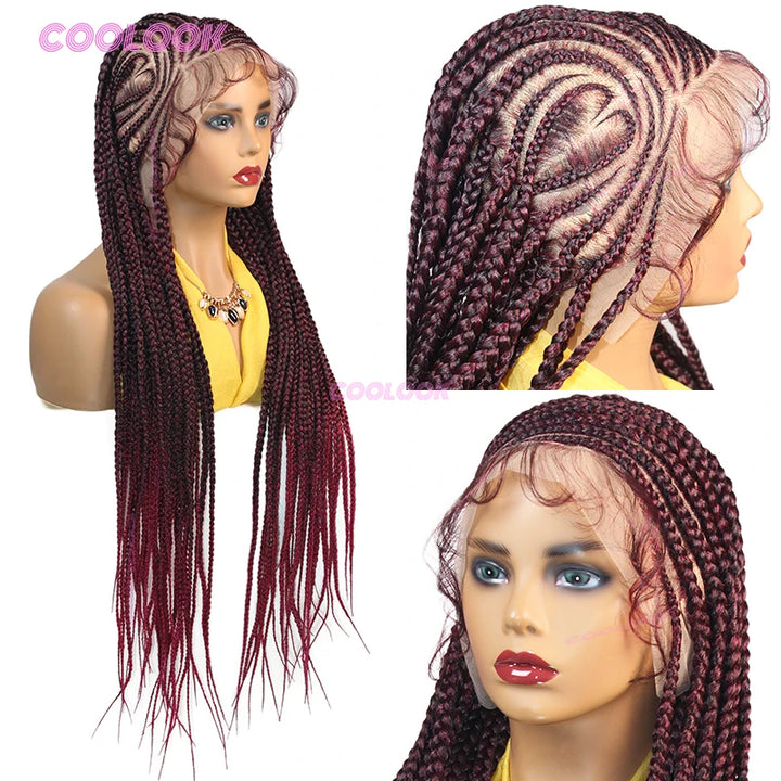 36" Heart Cornrow Braid Wig – Synthetic Full Lace Knotless Box Braid Wig for Women