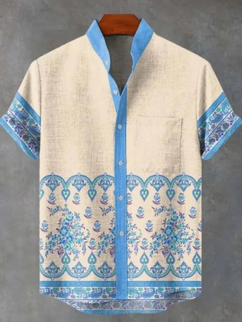 New retro tribal totem pattern printing men's new linen shirt-Shirts-Bennys Beauty World