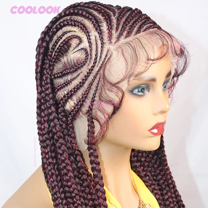 36" Heart Cornrow Braid Wig – Synthetic Full Lace Knotless Box Braid Wig for Women