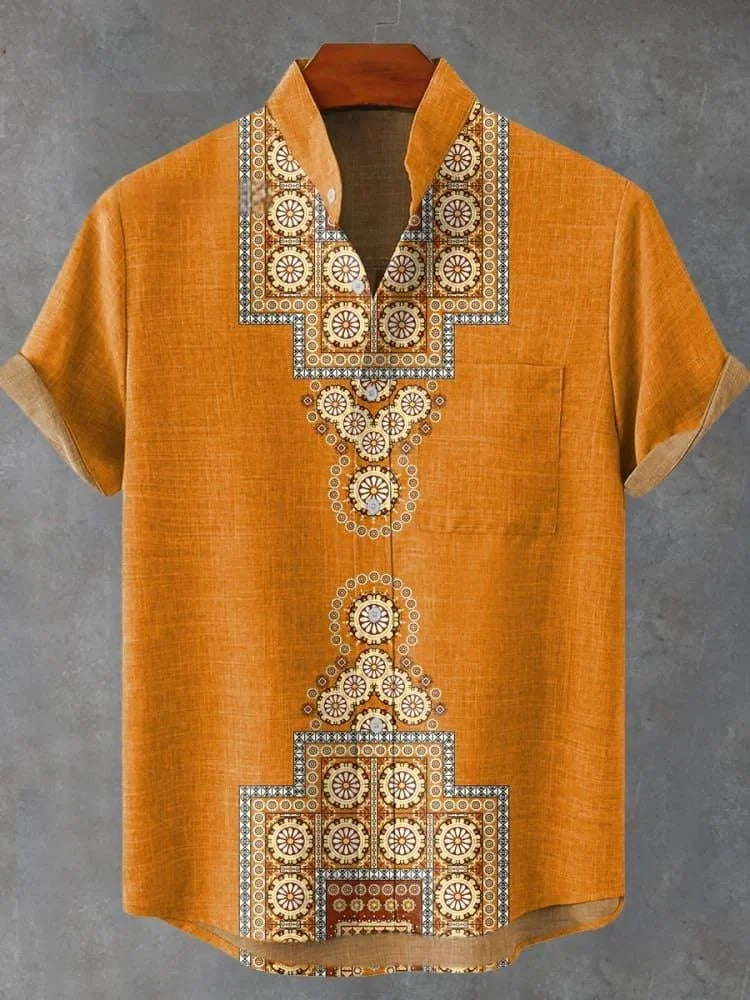 New retro tribal totem pattern printing men's new linen shirt-Shirts-Bennys Beauty World