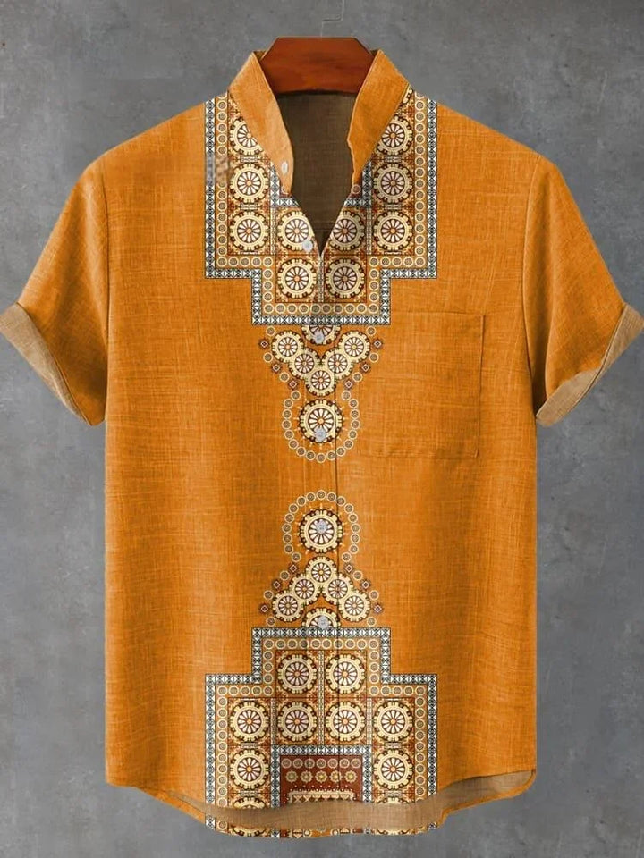 New retro tribal totem pattern printing men's new linen shirt-Shirts-Bennys Beauty World