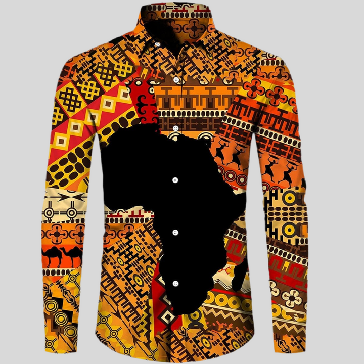 Men's Fashion Africa Native Print Long Sleeved Button Up Shirt