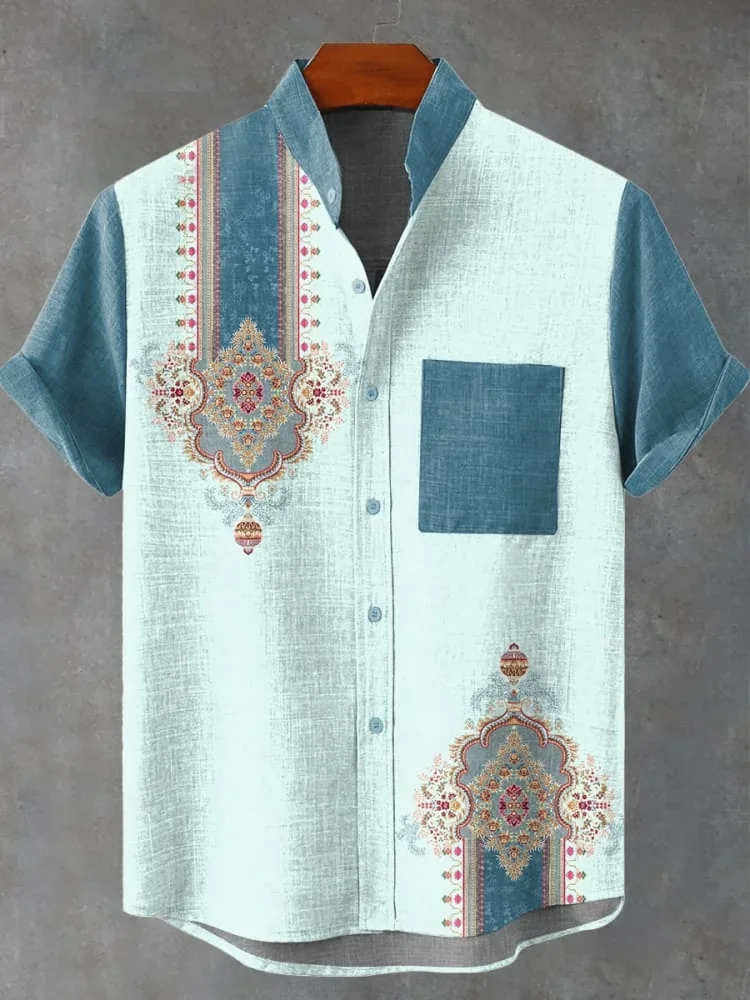 New retro tribal totem pattern printing men's new linen shirt-Shirts-Bennys Beauty World