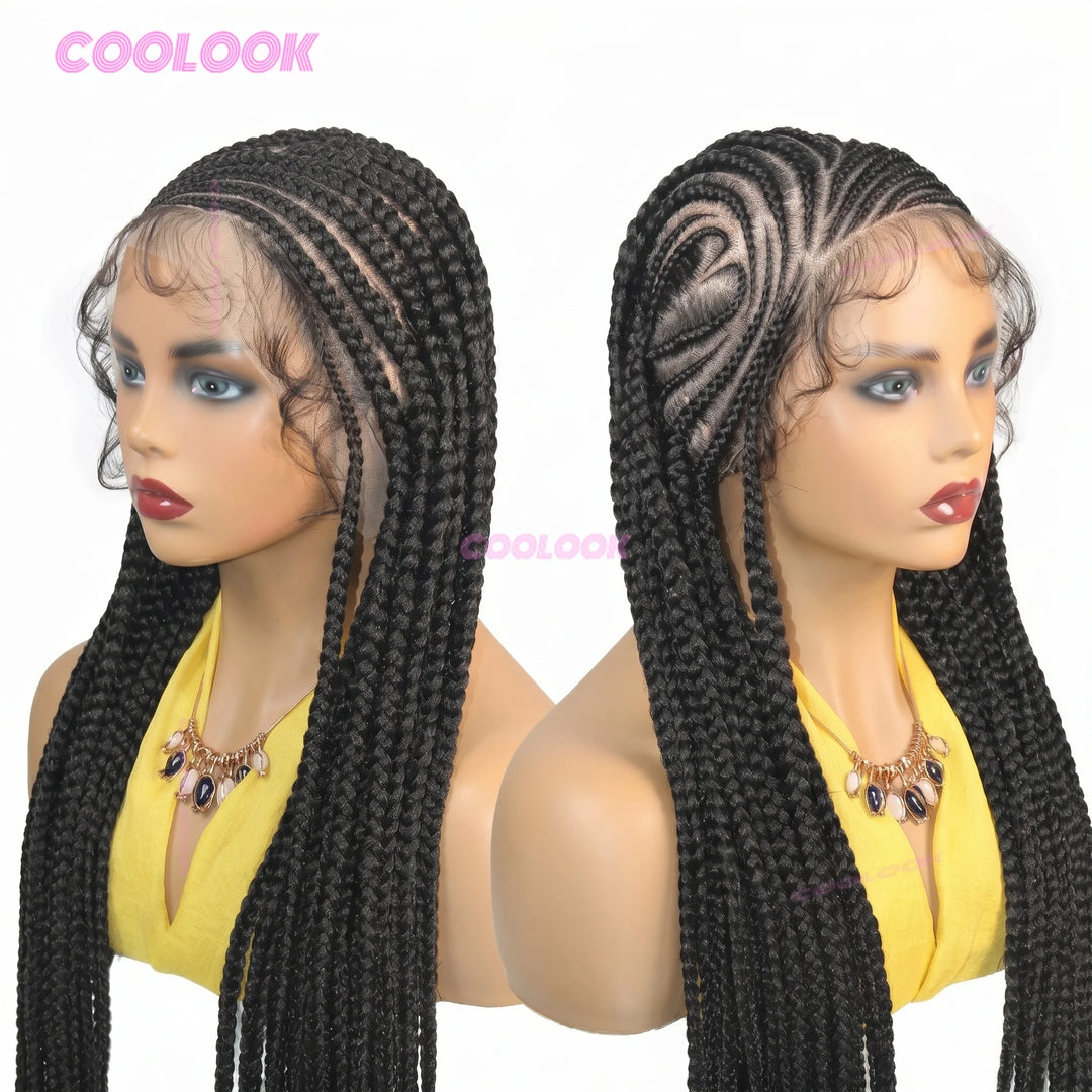 36" Heart Cornrow Braid Wig – Synthetic Full Lace Knotless Box Braid Wig for Women