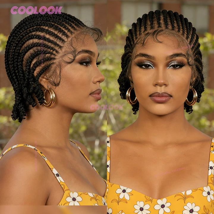 Woman with styled hair wearing a yellow top with a floral pattern, side by side comparison.