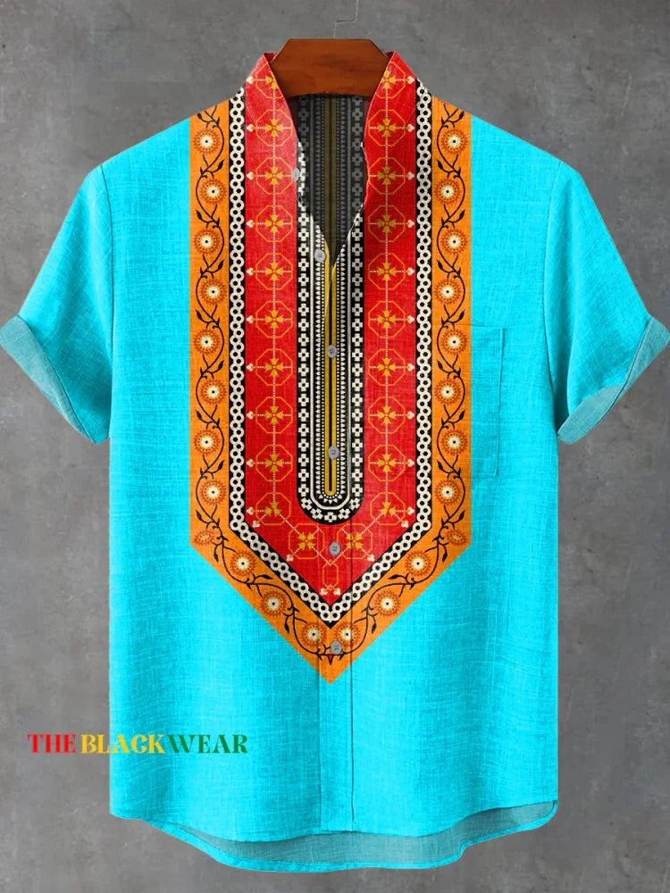 New retro tribal totem pattern printing men's new linen shirt-Shirts-Bennys Beauty World
