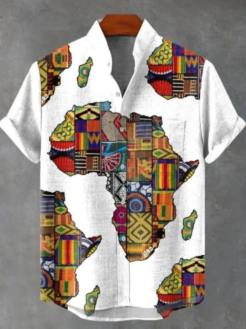 New retro tribal totem pattern printing men's new linen shirt-Shirts-Bennys Beauty World